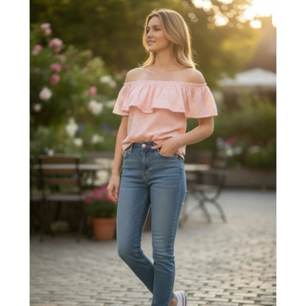 WALL FLOWER PEACH OFF THE SHOULDER TOP SIZE MEDIUM - Picture 3 of 9